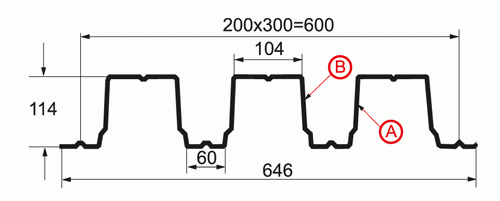 Профнастил H-114x600-A, B. План